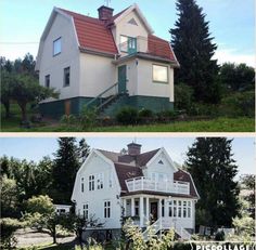 before and after pictures of a house with red roof tiles on the front, side by side