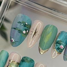 Astrology Themed Nails, Oil Painting Nail Art, Fine Art Nails, Monet Inspired Nails, Artistic Nail Art, Monet Nailart, Oil Painting Nails, Monet Nail