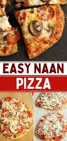 easy naan pizza recipe with mushrooms and cheese on the top, then topped with fresh mozzarella