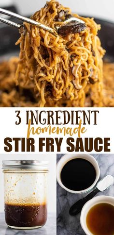 homemade stir fry sauce in mason jars with text overlay that reads 3 ingredient homemade stir fry sauce