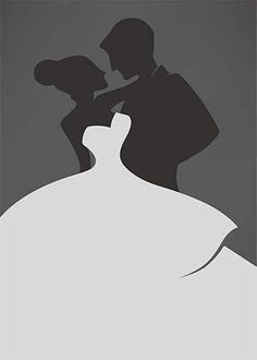 the silhouette of a man and woman kissing in front of a gray background with white dress