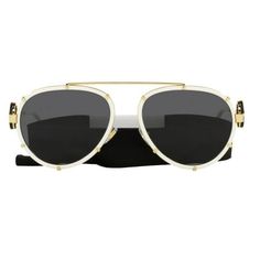 The Versace VE 2232 147187 womens aviator sunglasses, feature white metal frame and grey lenses. The Versace model VE 2232 comes in size; lens 61mm x bridge 18mm x temple 145mm. This item will come with Versace box, case, cloth and paperwork. Size: 61/18/145.  Color: Gold.  Gender: unisex.  Age Group: adult. White Aviator Sunglasses For Summer, Luxury White Anti-reflective Sunglasses, Modern White Aviator Sunglasses, Classic White Shield Sunglasses With Anti-reflective Coating, Modern White Sunglasses With Metal Frame, White Aviator Sunglasses With Uv Protection, Modern White Aviator Sunglasses For Summer, White Trendy Aviator Sunglasses With Mirrored Lenses, Trendy White Sunglasses With Metal Frame