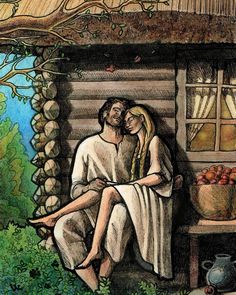 a painting of a man and woman sitting on a bench in front of a cabin