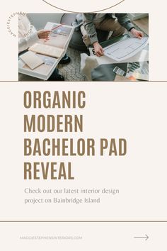 Image of designers showing floorplans, reviewing design plans. Under picture large headline reads "Organic Modern Bachelor Pad Reveal" Home Library Dark, Dark Navy Walls, Library Dark, Modern Bachelor Pad, Men Masculine, Driftwood Coffee Table