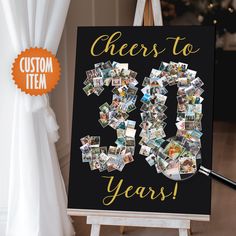 a sign that says cheers to 30 years with photos on it and an orange ribbon