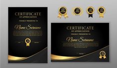 two black and gold certificate templates with golden ribbons on the front, one is blank for