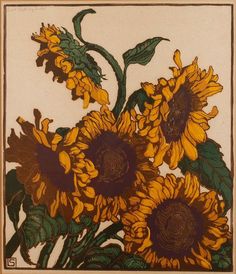 a painting of sunflowers on a white background