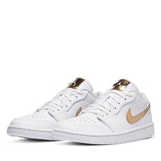 Leather upper Perforated toe box Synthetic metallic swoosh Foam midsole Rubber outsole Color: White/Metallic Gold/White Style: CZ4776-100 Jordan Retro 1 Low, Krewe Sunglasses, Jordan Retro 1, Womens Air Jordans, Nike Air Max For Women, Billionaire Boy, Jersey Pants, Sweatpants Shorts, Air Jordan 1 Low