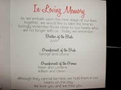 a wedding card with the words in loving memory written on it