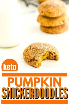 pumpkin snickkerdoodles are stacked on top of each other next to a glass of milk