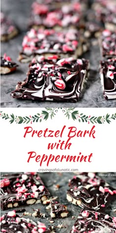 chocolate pretzel bark with peppermint on top and the words pretzel bark