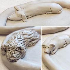 there are three pictures of clay animals laying on top of each other in different positions