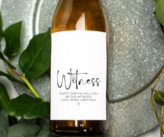 a bottle of wine sitting on top of a table next to green plants and leaves