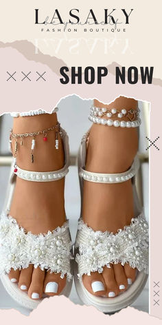 Lasaky – Slingback Wedding Shoes with Fringe Hem and Bead Decoration Summer Wedding Pearl Heels, Elegant Beaded Round Toe Sandals, Elegant Beaded Flat Sandals, Beaded Open Toe Sandals For Wedding, Elegant White Beaded Sandals, Spring Wedding Beaded Sandals, White Pearl Wedding Shoes For Summer, Summer Pearl White Wedding Shoes, White Beaded Sandals For Wedding