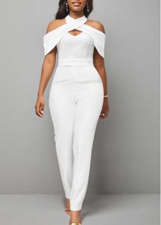 Color:White;Size:S;Size:M;Size:L;Size:XL;Size:XXL;Season:Summer;Package Contents:1 X Jumpsuit;Occasion:Holiday;Style:Casual;Decoration:Cold Shoulder;Color Scheme:White;Fit Type:Skinny;Sleeve&apos;s Length:Short Sleeve;Pattern Type:Solid;Neckline:Halter;Clothing Length:Ankle Length;Washing Instructions:Hand Wash /Machine Washable;Composition:95% Polyester, 5% Spandex; White Jumpsuit Outfit, All White Party Outfits, Cold Shoulder Jumpsuit, Short Sleeve Jumpsuit, Short Sleeve Jumpsuits, Jumpsuit With Sleeves