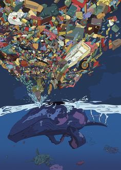 a whale is floating in the water with many different things coming out of it