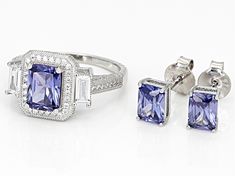 Bella Luce® tanzanite and white diamond simulants 6.76ctw octagon rectangle, round, and rectangle, rhodium over sterling silver jewelry set. Ring measures approximately 0.81" L x 0.44" W and is not sizable. Studs measure approximately 0.63" L x 0.19" W and has push back backings. Radiant Cut Tanzanite Jewelry With Prong Setting, Radiant Cut Tanzanite Jewelry Gift, Modern Jewelry With Baguette-cut Cubic Zirconia, Modern Baguette-cut Cubic Zirconia Jewelry, Modern Cubic Zirconia Jewelry In Baguette Cut, Fine Jewelry Tanzanite In White Gold, Fine Jewelry Tanzanite White Gold, Radiant Cut Cubic Zirconia Gemstone Jewelry, Fine Jewelry In White Gold With Tanzanite