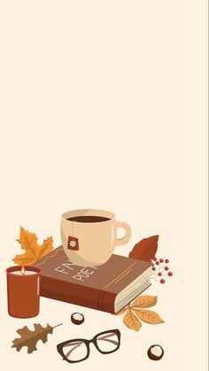 a cup of coffee, book and glasses on a table with autumn leaves around it