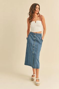 Dakota Denim Skirt | Jupe NYC Denim Skirt Midi, Button Down Denim Skirt, High Waisted Denim Skirt, Midi Denim, Trendy Denim, Denim Skirts, Skirt Midi, Denim Midi Skirt, Washed Denim