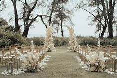 an outdoor wedding setup with chairs and pamodia flowers on the aisle, surrounded by trees