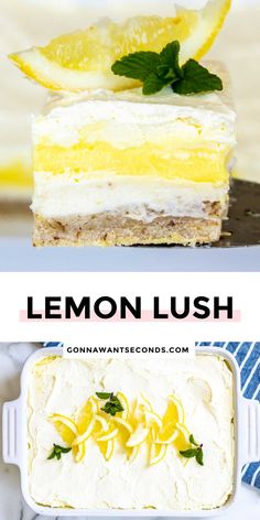 lemon lush cake with white frosting and sliced lemons