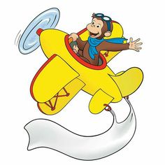 a cartoon monkey flying on an airplane with a banner in the back ground and white background