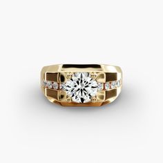 a yellow gold ring with two rows of diamonds on the sides and a center stone in the middle