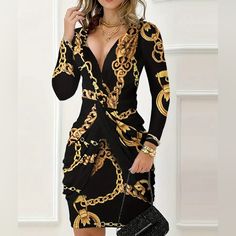 Brand New Gold V-neck Dress For Work, Elegant Fall Bodycon Dress For Going Out, Elegant Gold Dress For Going Out, Chic Gold Bodycon Dress, Elegant Gold Mini Dress For Going Out, Chic Gold Long Sleeve Bodycon Dress, Fireplace Tv Wall, African Print Fabric, Bday Ideas