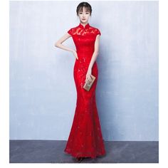 Summer Fish Tail Floor Length Red Hollow Lace Chinese Cheongsam Dress Long Mandarin Collar Zipper Back - Cntraditionalchineseclothing.com Cheongsam Dress Long, Red Chinese Wedding Dress, Vietnamese Wedding Dress, Sakura Wedding, Cheongsam Wedding