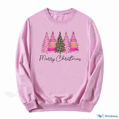 Orcajump - Leopard Print Pink Christmas Tree Printed Crew Neck Sweatshirt Holiday Pink Long Sleeve Tops, Pink Long Sleeve Holiday Top, Winter Pink Top With Letter Print, Pink Letter Print Top For Winter, Pink Tops With Letter Print For Winter, Casual Pink Christmas Sweater, Pink Long Sleeve Christmas Sweater, Pink Crew Neck Top For Christmas, Winter Pink Graphic Print T-shirt