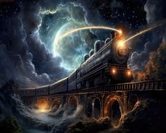 a painting of a train traveling over a bridge under a full moon filled night sky