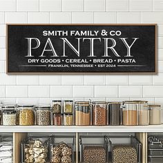 a sign that says pantry on it in front of some shelves filled with food and spices