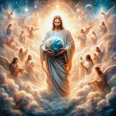 jesus holding the earth in his hands surrounded by other angels and stars, all around him