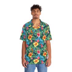 Indulge in timeless tropical elegance with the Classic Floral Men's Hawaiian Shirt. This shirt embodies the essence of island living, featuring a stunning floral pattern that pays homage to the traditional Hawaiian aesthetic. The vibrant and meticulously designed flowers add a touch of natural beauty to the shirt, creating a captivating and eye-catching look. Crafted from lightweight and breathable fabric, this shirt ensures comfort even in the warmest of climates, while the relaxed fit and classic Hawaiian shirt styling evoke a laid-back and effortless charm. Whether you're strolling along the beach or attending a summer gathering, the Classic Floral Men's Hawaiian Shirt is the perfect choice for those seeking a touch of sophistication and a timeless sense of style in their wardrobe. .: M Hawaiian Shirt With Floral Print And Camp Collar, Green Floral Print Hawaiian Shirt For Beach, Multicolor Camp Shirt With Hibiscus Print And Camp Collar, Tropical Multicolor Floral Print Shirt, Green Floral Print Hawaiian Shirt For Vacation, Tropical Hawaiian Shirt With Floral Print, Multicolor Hawaiian Shirt With Floral Print, Hawaiian Camp Shirt With Hibiscus Print, Green Tropical Print Camp Shirt