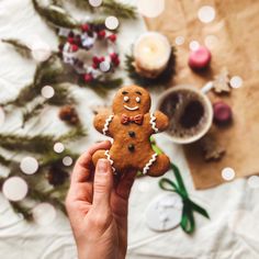 a person holding up a small ginger in front of a christmas tree and other decorations