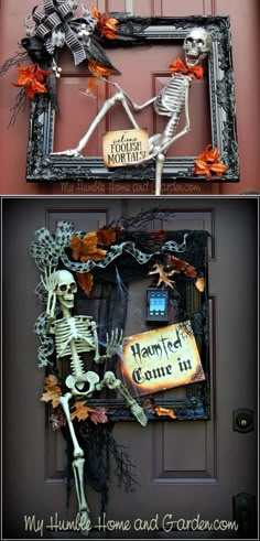 two pictures of halloween decorations on the front door, one is decorated with skeletons and leaves