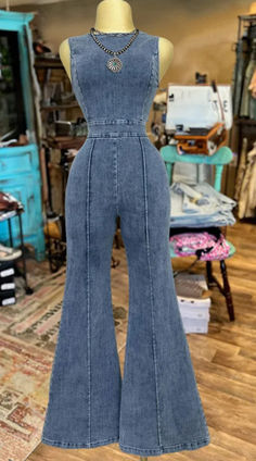 Fitted Denim Vintage Jumpsuits And Rompers, Vintage Denim Fitted Jumpsuits And Rompers, Fitted Vintage Denim Jumpsuit, Western Denim Jumpsuit, Pbr Outfits, Blue Fitted Vintage Denim Jumpsuit, Vegas Outfits, Cowgirl Dresses, Denim And Diamonds