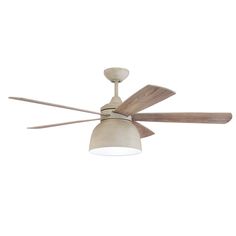 a ceiling fan with two wooden blades and a white light fixture on top of it