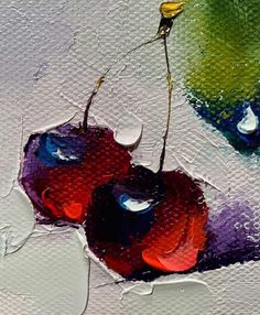 an abstract painting of two cherries on a white surface