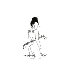 a drawing of a woman with barbed wire around her neck and arms behind her back