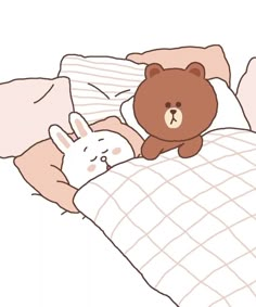 a brown teddy bear sitting on top of a bed next to a white bunny rabbit