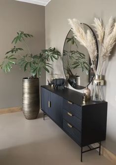 there are two plants in vases on the dresser next to the mirror and another plant