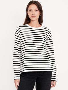 rib-knit crew neck long sleeves striped print loose fit hits below waist models are approx.  5'9" and wear sizes s (4), l (12), and xl (18)machine wash according to the care instruction label  . Best Holiday gift for Women , perfect T Shirts for Christmas! Stripe Tee Outfit, Fall Black And White, Navy Striped Shirt, Pajamas Gift, Stripe Tee, Old Navy Women, Striped Tee, Stripe Print, Striped Shirt