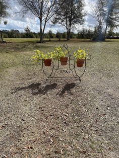 a wrought iron plant stand with three flower pots on it in the middle of a field