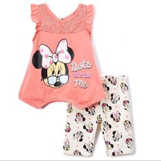 Crop Leggings 2 Pieces $36 Cute Cotton Leggings For Spring, Cute Cotton Leggings For Loungewear, Casual Pink Minnie Mouse Set, Cute Mickey Mouse Cotton Bottoms, Cute Minnie Mouse Summer Sets, Cute Cotton Mickey Mouse Sets, Cute Mickey Mouse Cotton Sets, Disney Baby Onesies, Mini Mouse Outfit