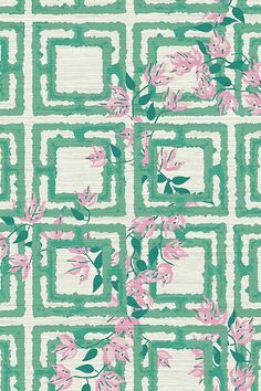 a green and pink wallpaper pattern with flowers on the bottom half of each square