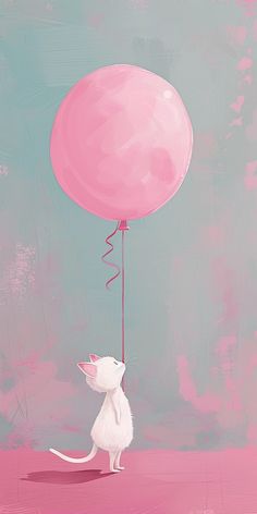 a painting of a white cat holding a pink balloon