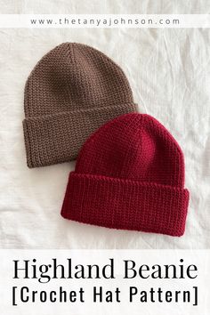 two knitted beanies sitting on top of a white sheet with text that reads, highland beanie crochet hat pattern