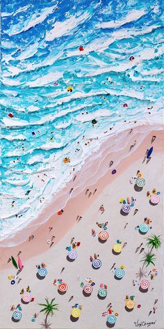 a painting of people at the beach with umbrellas and chairs in the sand by the water