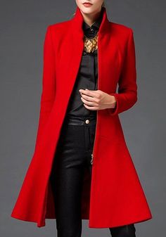 Stylish Stand-Up Collar Long Sleeve Flounced Solid Color Coat For Women Woolen Coat Winter, Black Coats, Spring Red, Stylish Coat, Women Overcoat, Mode Casual, Coat Winter, Red Coat, Sammy Dress